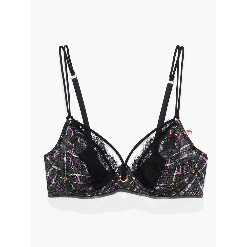 Savage X Fenty “A Little Tart” Unlined Bra 32D NWT |‎ Lace & Plaid Lingerie